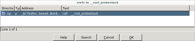 Screenshot listing cross references to __rust_probestack in hello-rust.