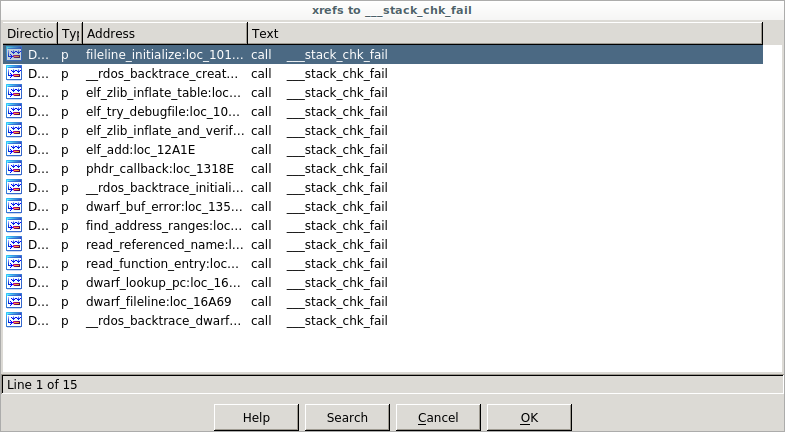 Screenshot listing cross references to __stack_chk_fail in hello-rust.